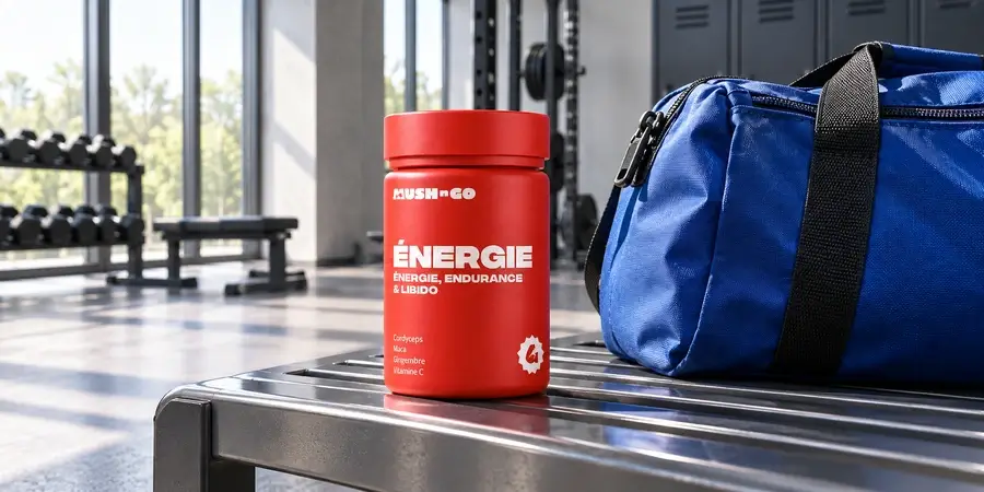 Opakowanie suplementu Energia marki Mush n Go z cordycepsem i macą obok torby sportowej