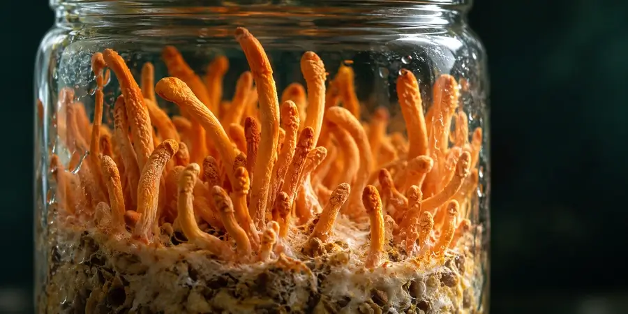 Hodowlane owocniki Cordyceps militaris w szklanych słojach
