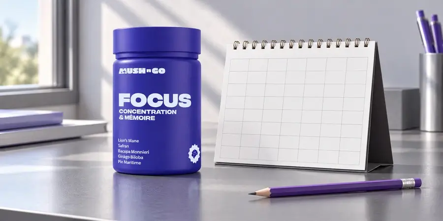 Opakowanie Focus marki Mush n Go obok stojącego kalendarza do planowania kuracji