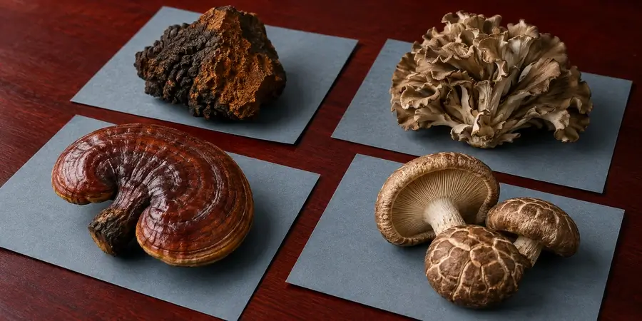 Reishi, chaga, maitake i shiitake ułożone na osobnych kartach jak w zielniku
