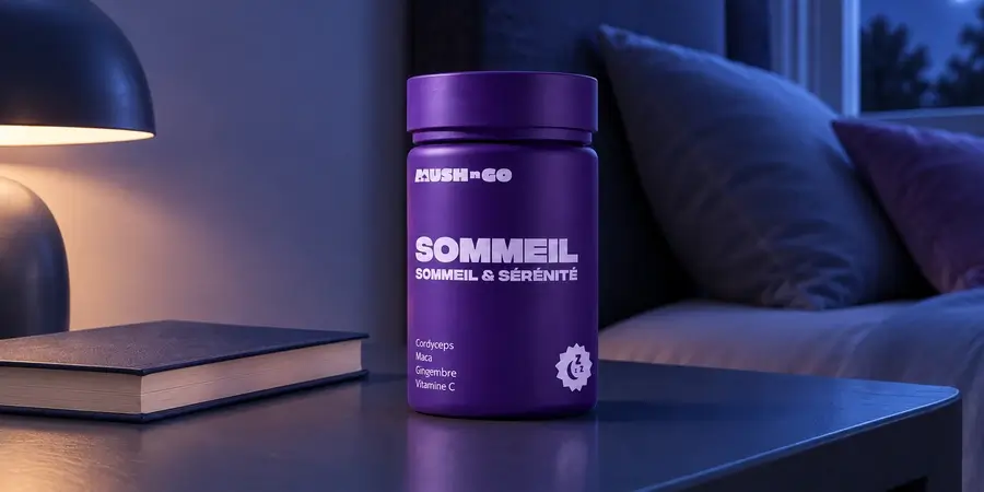 Opakowanie suplementu Sen+ marki Mush n Go z reishi na nocnym stoliku