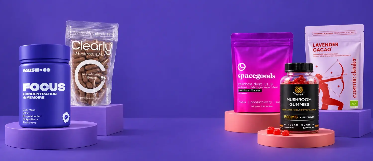 Pięć suplementów z grzybami adaptogennymi z rankingu 2026: Focus, Mushroom Mix, Rainbow Dust, Mushroom Gummies i kakao Cosmic Dealer